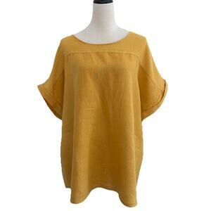 Lungo L’Arno Linen Blouse Top Womens 3X Yellow/Gold Pullover Short Sleeves Boxy